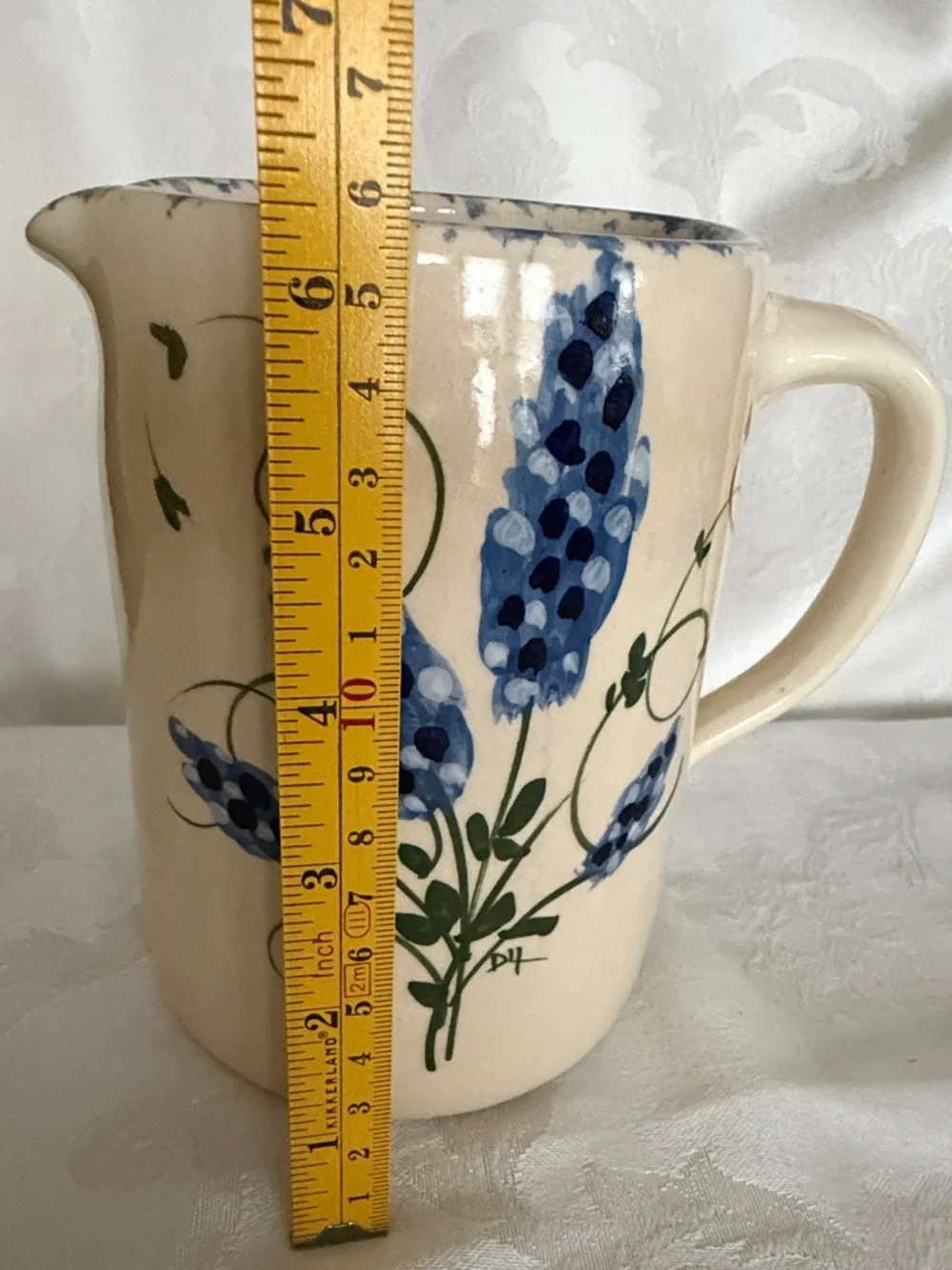 Cow Creek Pottery Pitcher, Hand-Made & Painted Bluebonnets, Vintage, 6.5” x 4.5” - Picture 8 of 10